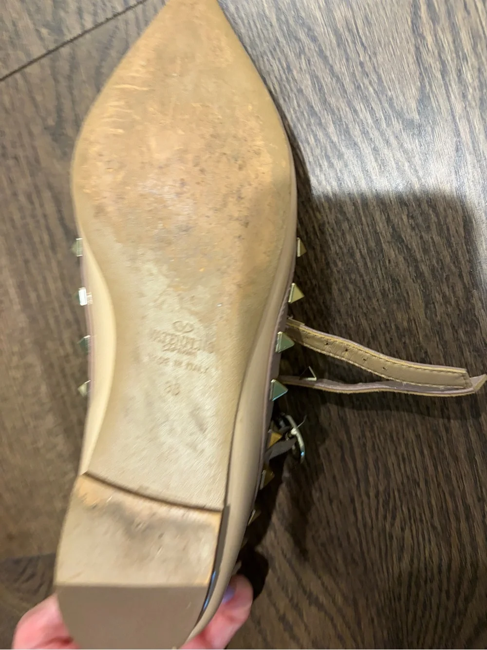 Valentino Beige Pointed-Toe Studded Ankle-Strap Flat